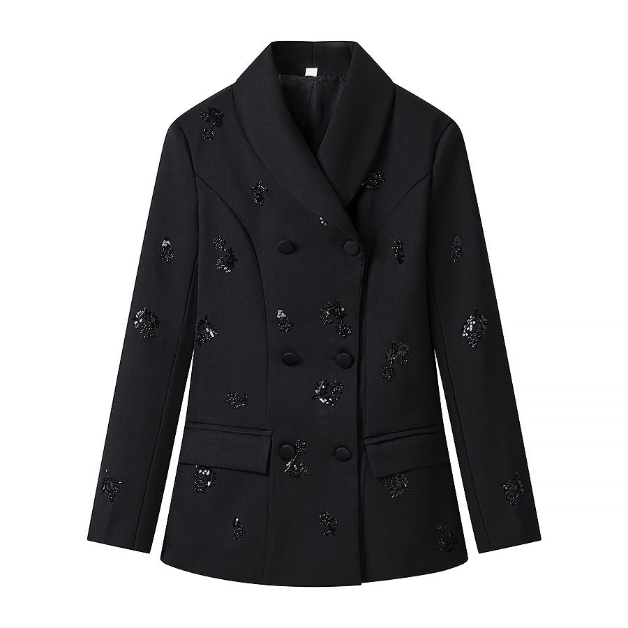 Women's Double-Breasted Blazer with Sequin Flowers and Shawl Collar Chichicherry