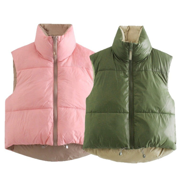 Women's short-cut quilted vest with high stand-up collar and extended back Chichicherry