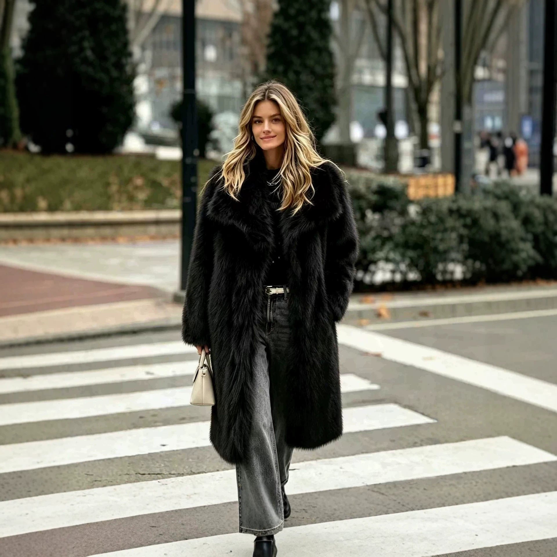 Women's Long High-Pile Faux Fur Coat with Oversized Lapel Collar and Straight Silhouette Chichicherry