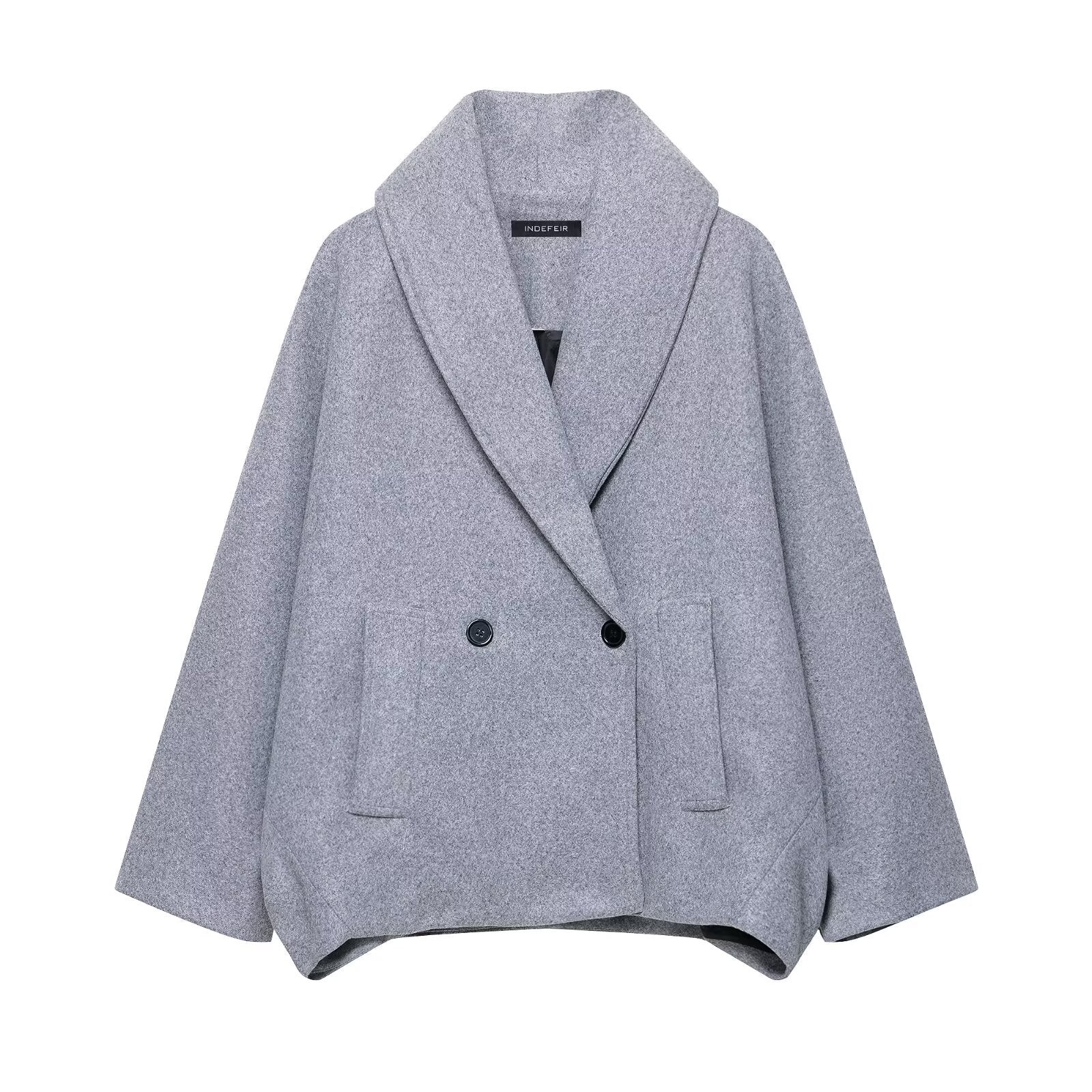 Women Boxy Wool Blend Cape Coat with Wide Shawl Collar and Double Button Placket Chichicherry