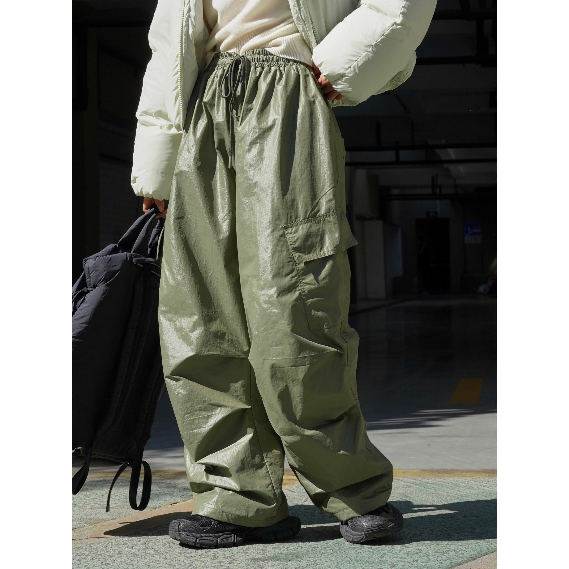 Women's Wide Nylon Cargo Palazzo Trousers with High Waist, Drawstring and Patch Utility Pockets Chichicherry