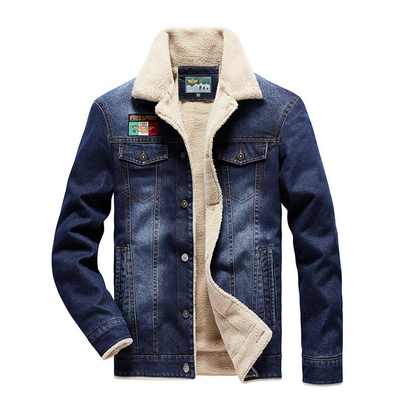 Men's denim trucker jacket with warming Sherpa lining and vintage used details Chichicherry