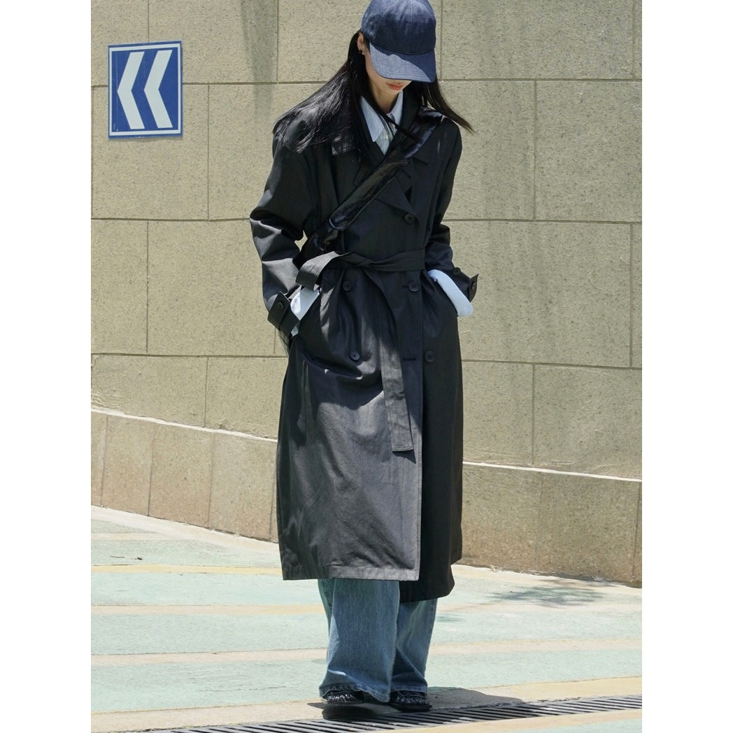 Women’s Long Oversize Trench Coat made of Cotton Blend with Lapel Collar and Waist Belt Chichicherry