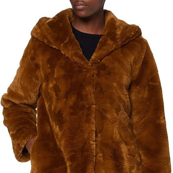 Women's Midi Length Faux Fur Coat with Hood, Teddy Finish and Concealed Button Placket Chichicherry