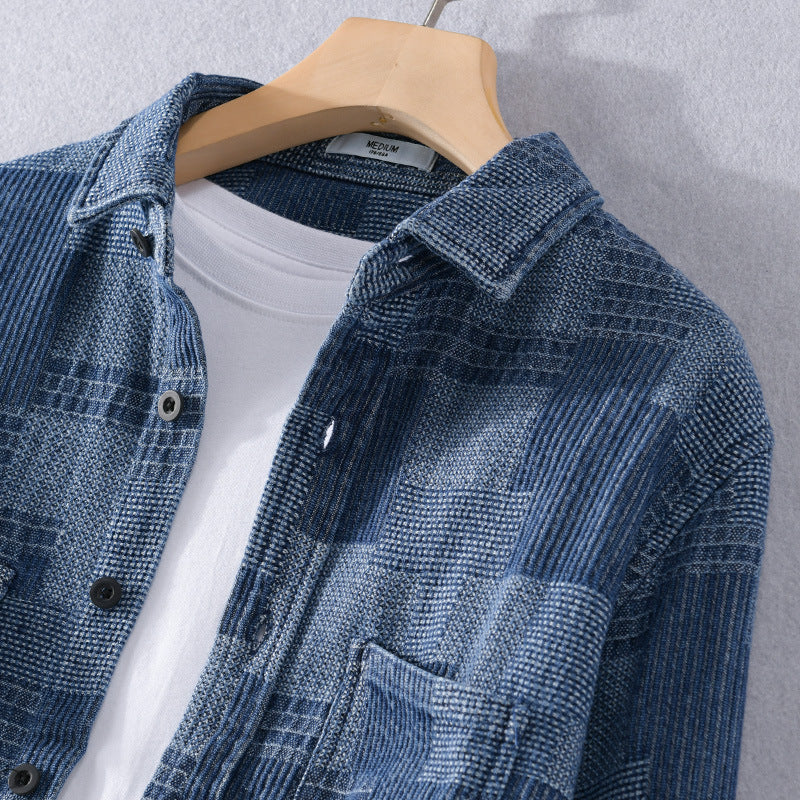 Men's Structured Cord Shirt Jacket in Patchwork Pattern with Kent Collar Chichicherry