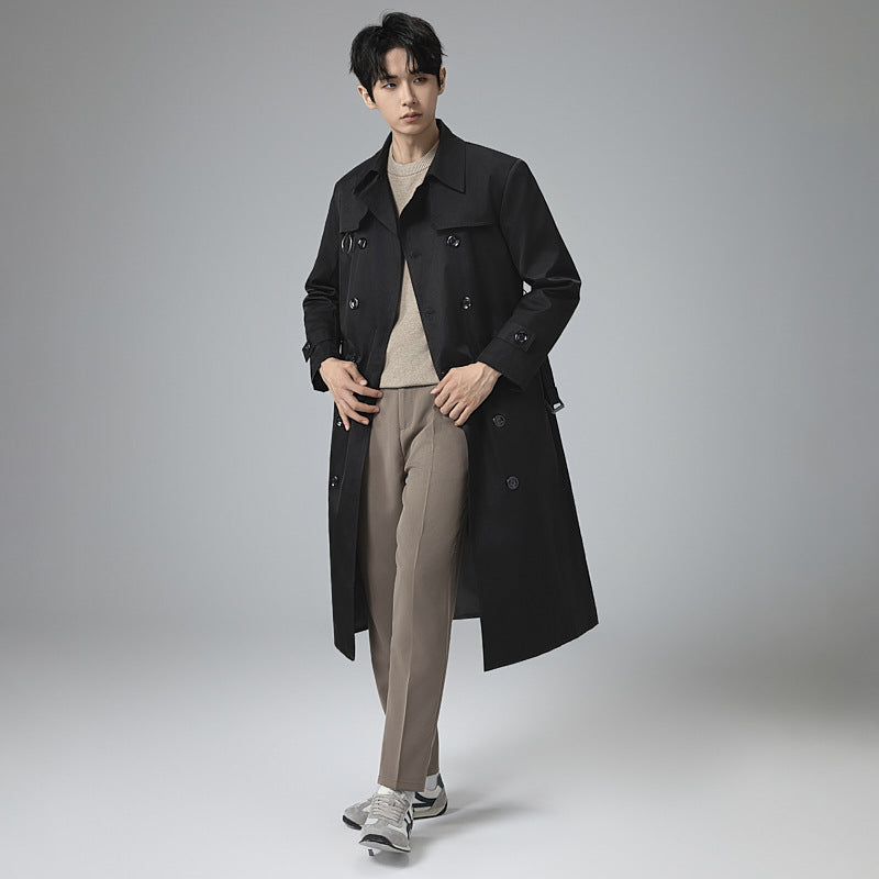 Men's Modern Tech Trench Coat with Double-Breasted Button Placket, Tie Belt and Subtle Ring Details Chichicherry