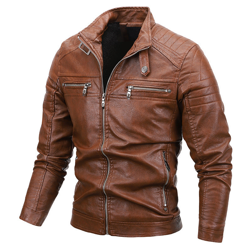 Men's Slim-Fit Faux Leather Biker Jacket with Quilted Shoulder Yoke and Zipper Chichicherry