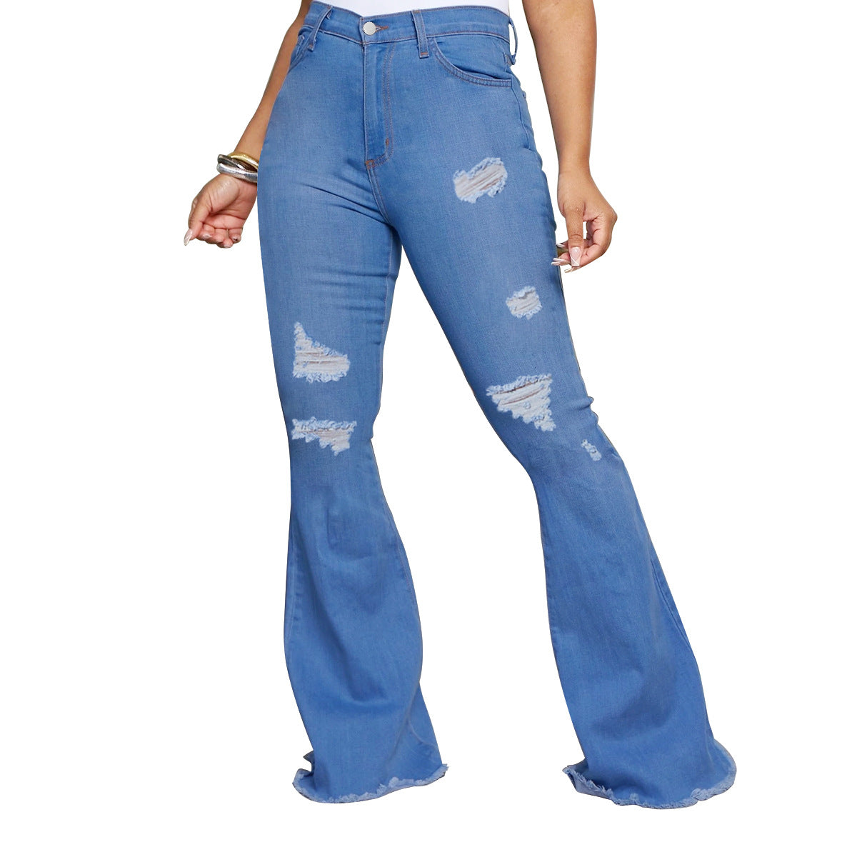 Ladies' waist-fitting flared jeans with ripped inserts and raw hem Chichicherry