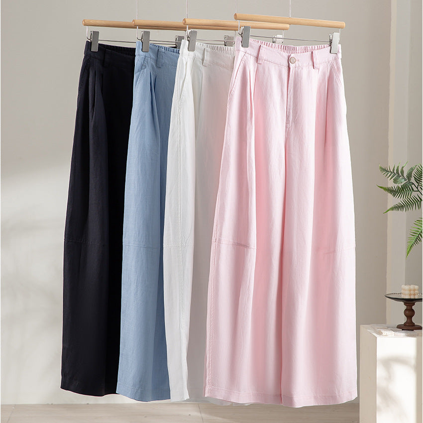 Women's wide linen-look trousers with high waist, crease and elastic back Chichicherry