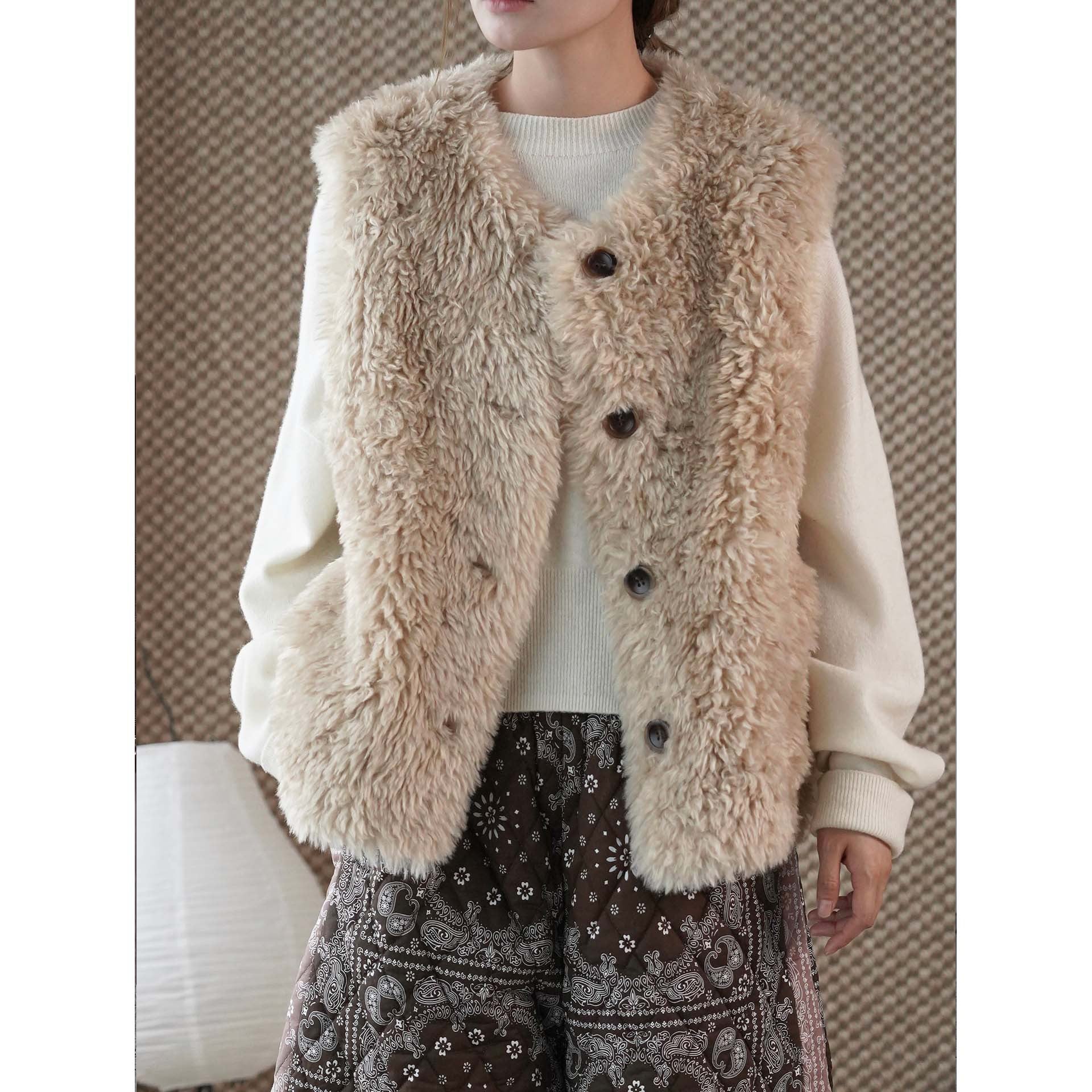 Women's Fluffy Teddy Vest with Button Closure and Round Neckline Chichicherry