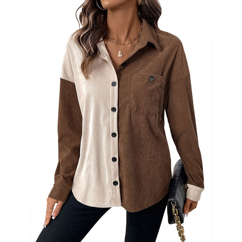 Women's Two-Tone Cord Shirt with Drop Shoulder and Patch Chest Pocket Chichicherry