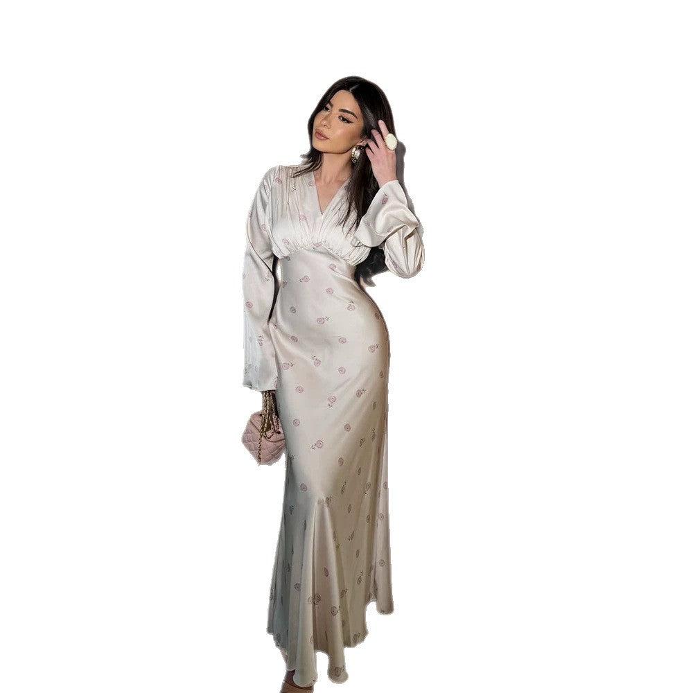 Women's satin evening dress with empire waist, V-neck and delicate floral print Chichicherry
