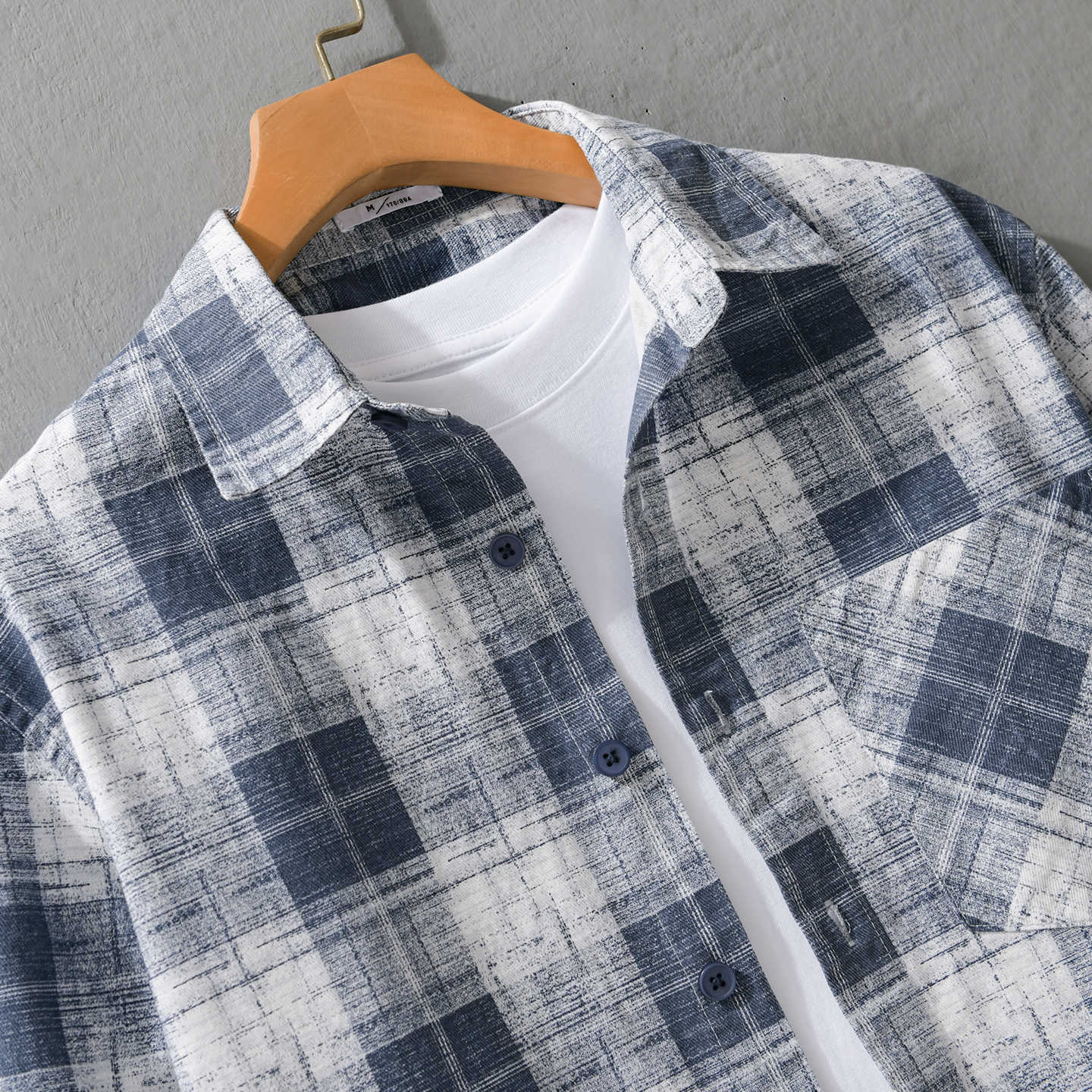 Men's Lightweight Checkered Layering Overshirt made of Cotton-Linen Blend with Diagonal Chest Patch Chichicherry