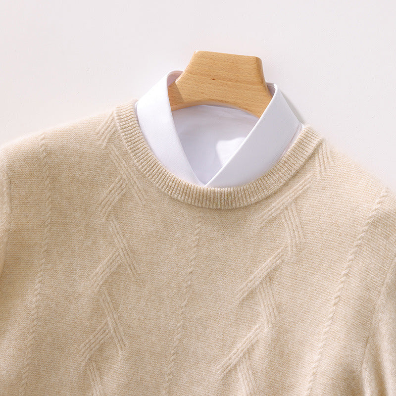 Men's Luxurious Fine Knit Crew Neck Sweater with Subtle Cable Pattern Chichicherry