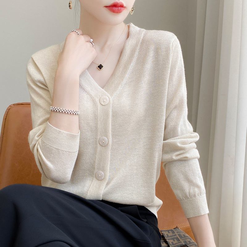 Women's Light V-Neck Cardigan with Side Hem Slit and Ribbed Cuff Chichicherry