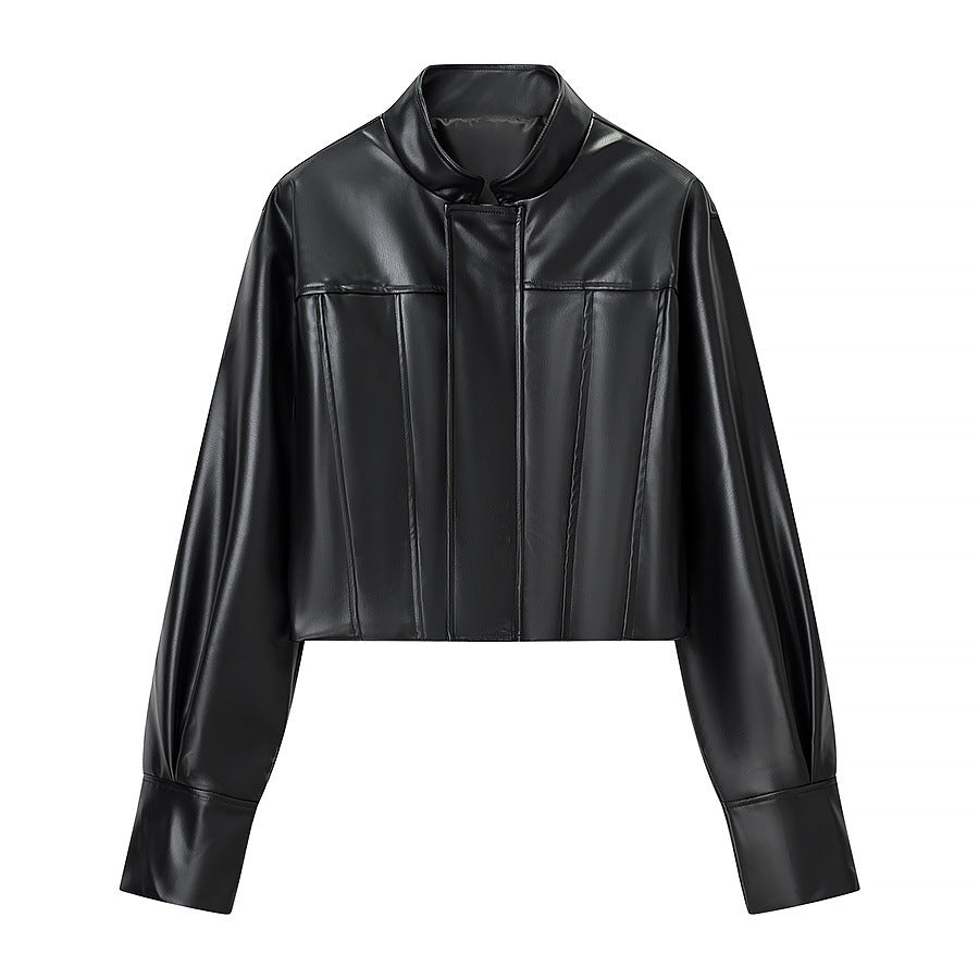 Women's Cropped Boxy Faux Leather Jacket with Stand Collar and Constructive Dart Seams Chichicherry