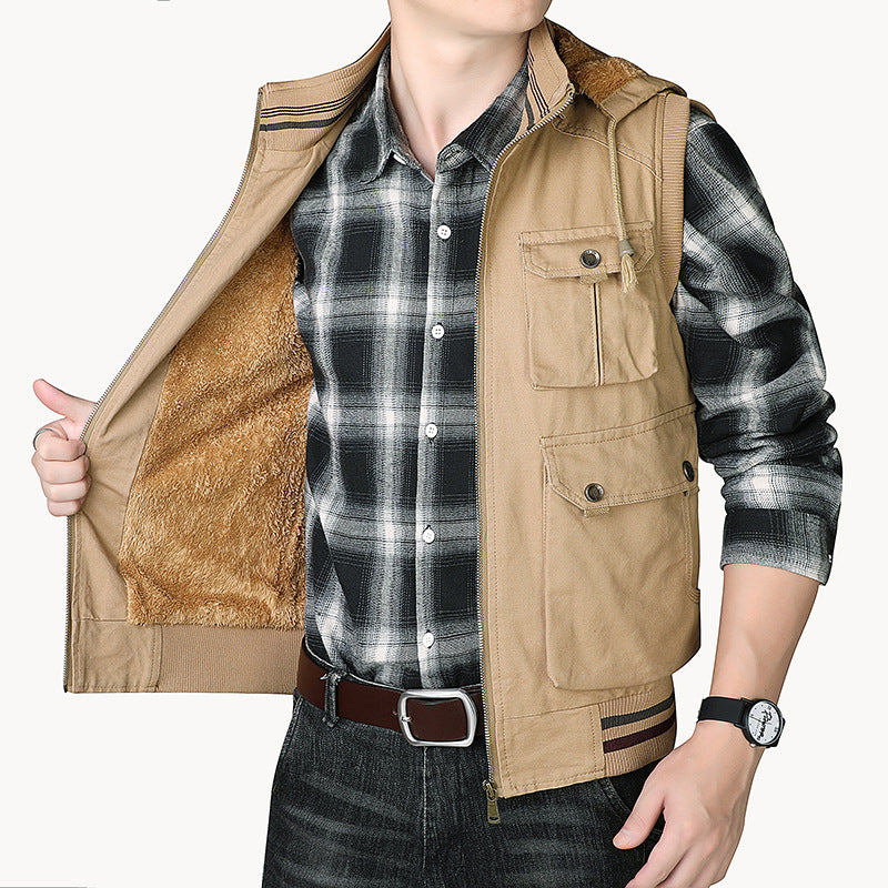 Men's hooded vest with teddy lining and multifunctional utility pockets Chichicherry