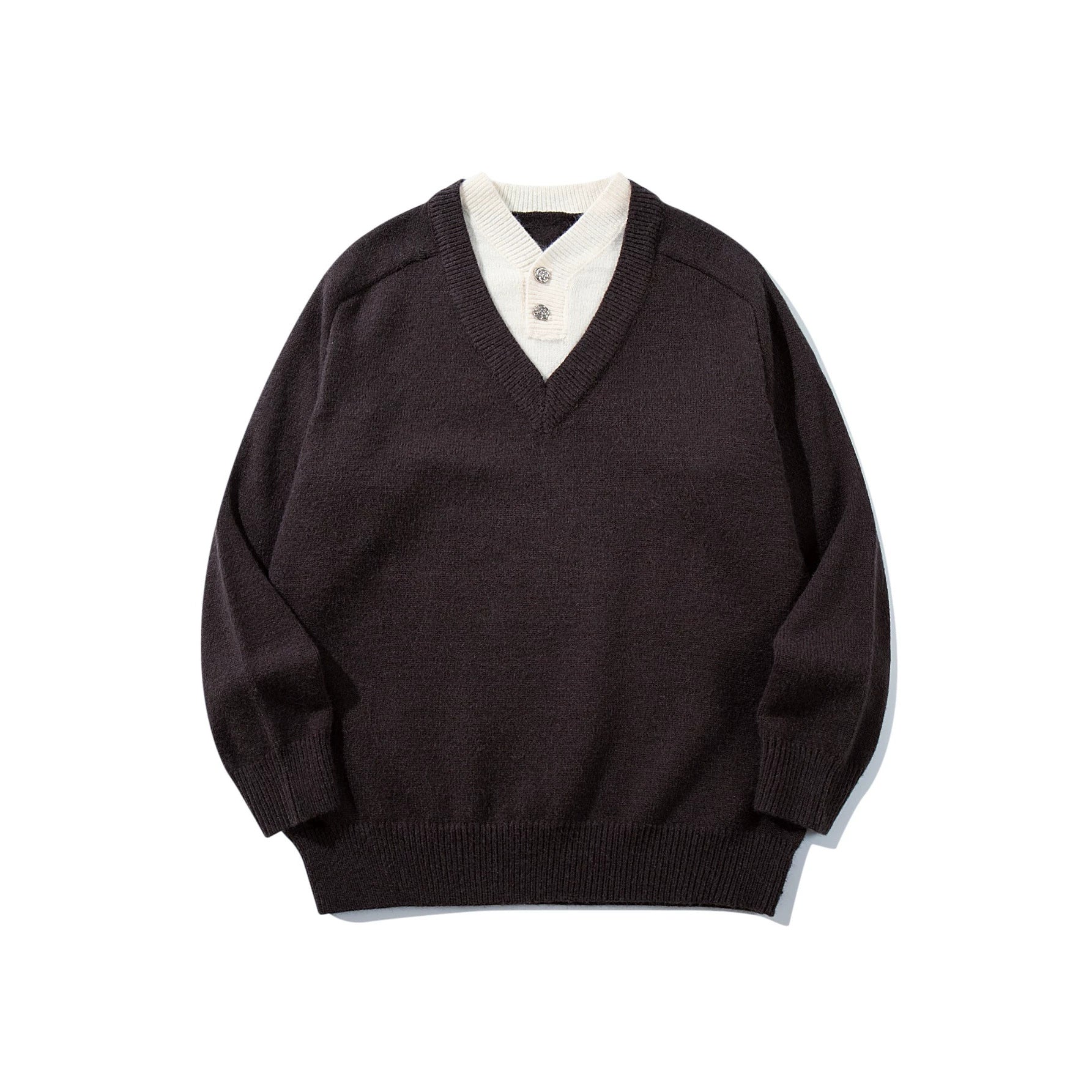Men's pullover with deep V-neck and integrated Henley collar Chichicherry