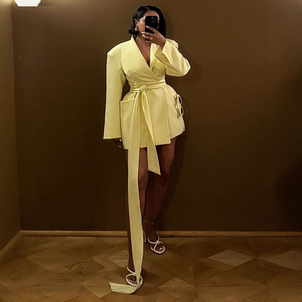Women's Tailored Blazer Dress with Draped Tie Belt and Structured Shoulders Chichicherry
