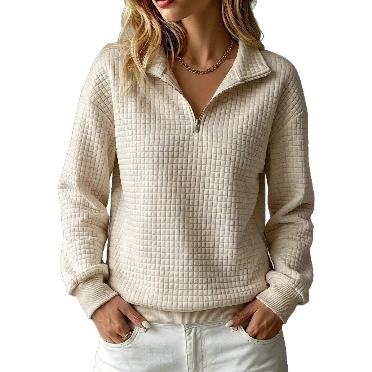 Women's Quilted Fleece Pullover with Half Zipper and Stand-Up Collar Chichicherry