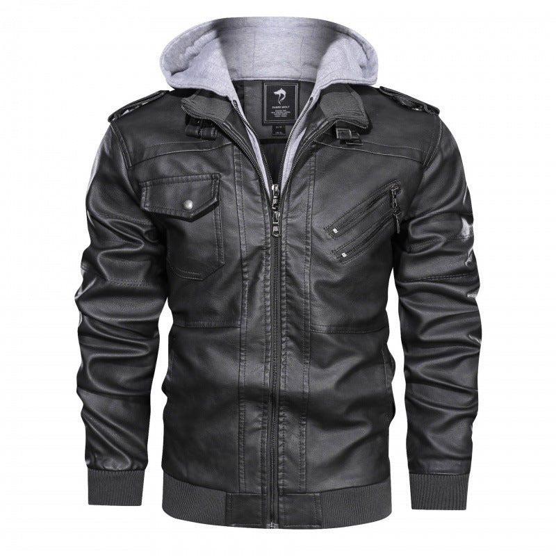 Men's Faux Leather Biker Jacket with Integrated Hood Layer, Multiple Pockets and Ribbed Cuffs Chichicherry