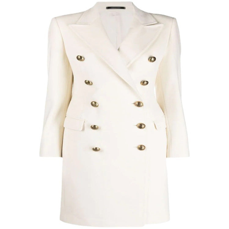 Women's Double-breasted Wool Blend Coat with Conical Gold Buttons and Slim Fit Chichicherry