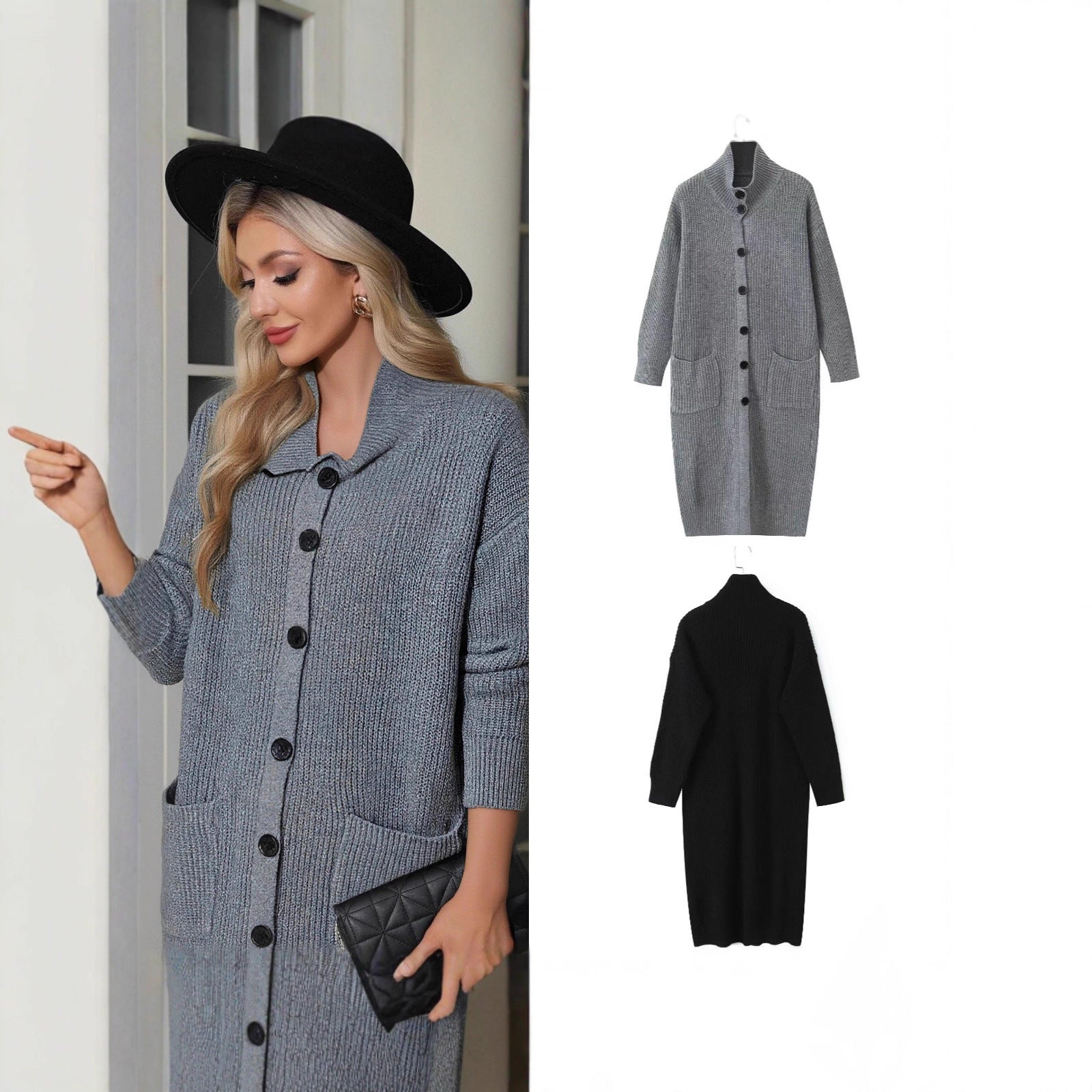 Women Long Chunky Knit Cardigan with Shawl Collar, Button Placket and Patch Pockets Chichicherry