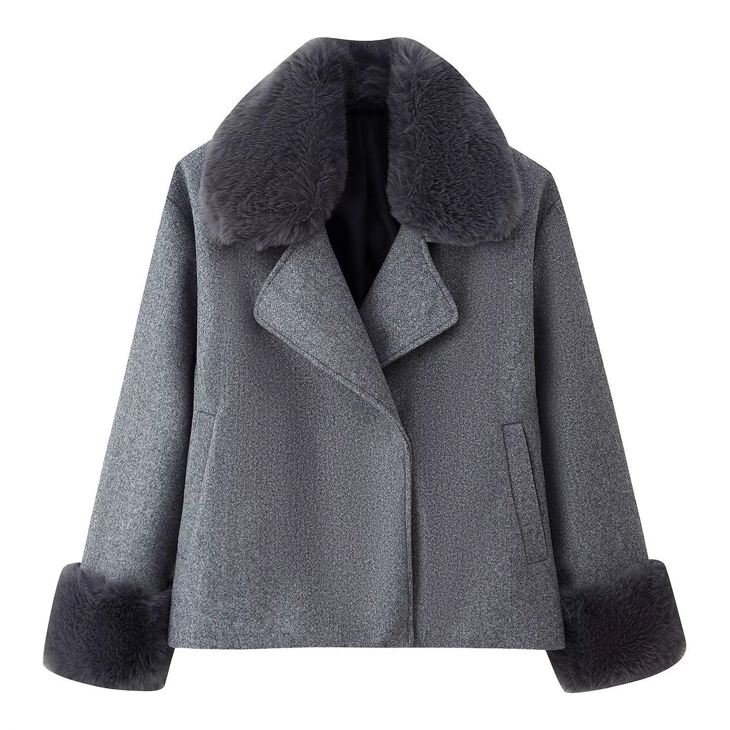 Women Short Wool Blend Coat with Removable Faux Fur Collar and Cuffs Chichicherry