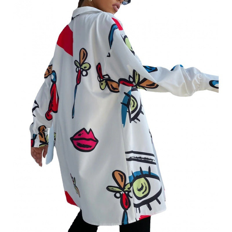Women's Oversized Long Blouse with Pop Art Print, Shirt Collar and Continuous Button Placket Chichicherry