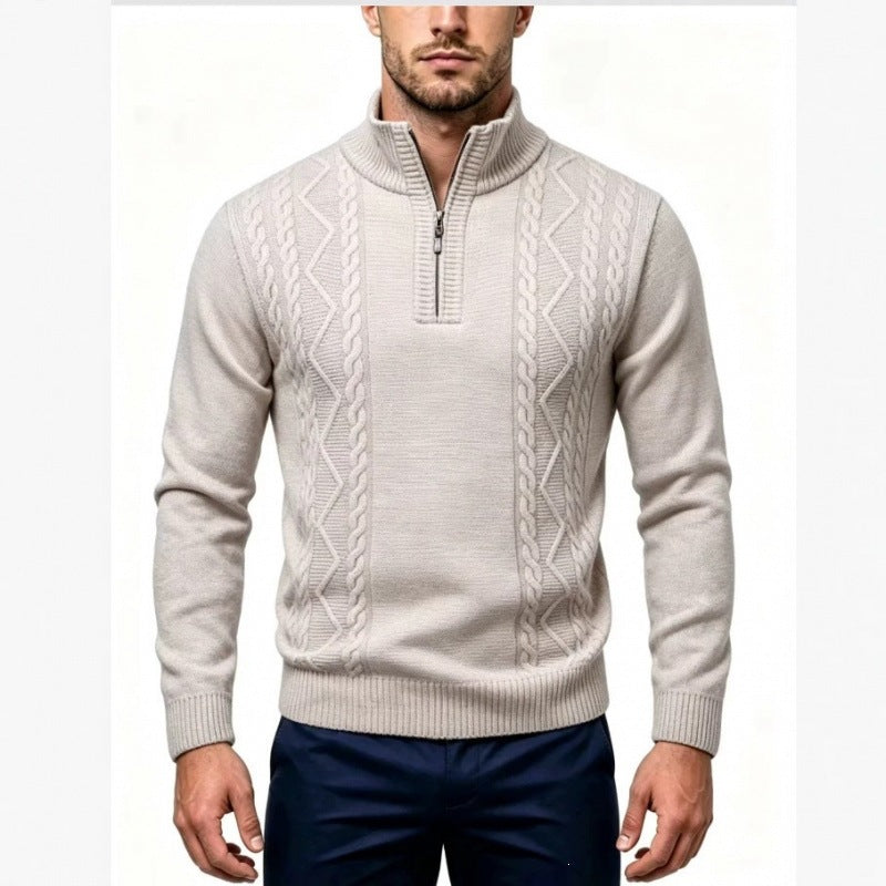 Men's Structured Half-Zip Pullover with Stand-Up Collar and Cable Knit Details Chichicherry