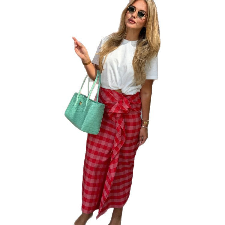 Women's maxi skirt with Vichy check, side ruffle gathering & wrap look Chichicherry