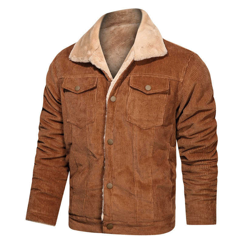 Men's Cord Truck Jacket with Teddy Lining and Snap Button Closure Chichicherry