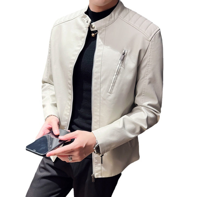 Men's Slim Faux Leather Biker Jacket with Stand-up Collar, Quilted Inserts and Zipper Pockets Chichicherry