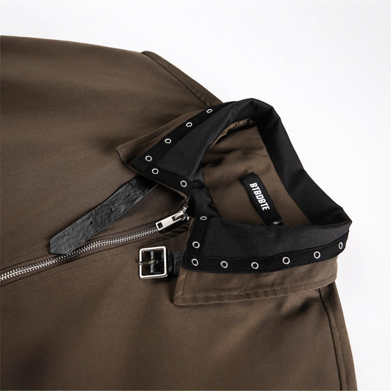 Unisex Boxy Blouson Jacket with Stud Decoration at the Buckle Collar and Concealed Zipper Chichicherry