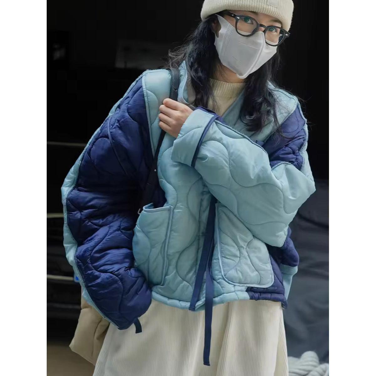 Women's Padded Oversized Quilted Jacket with Contrasting Sleeves and Button Placket Chichicherry