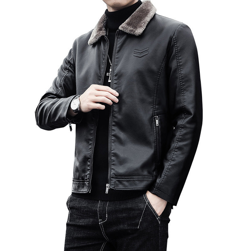 Men's Leather-Look Pilot Jacket with Teddy Collar and Concealed Zip Chichicherry