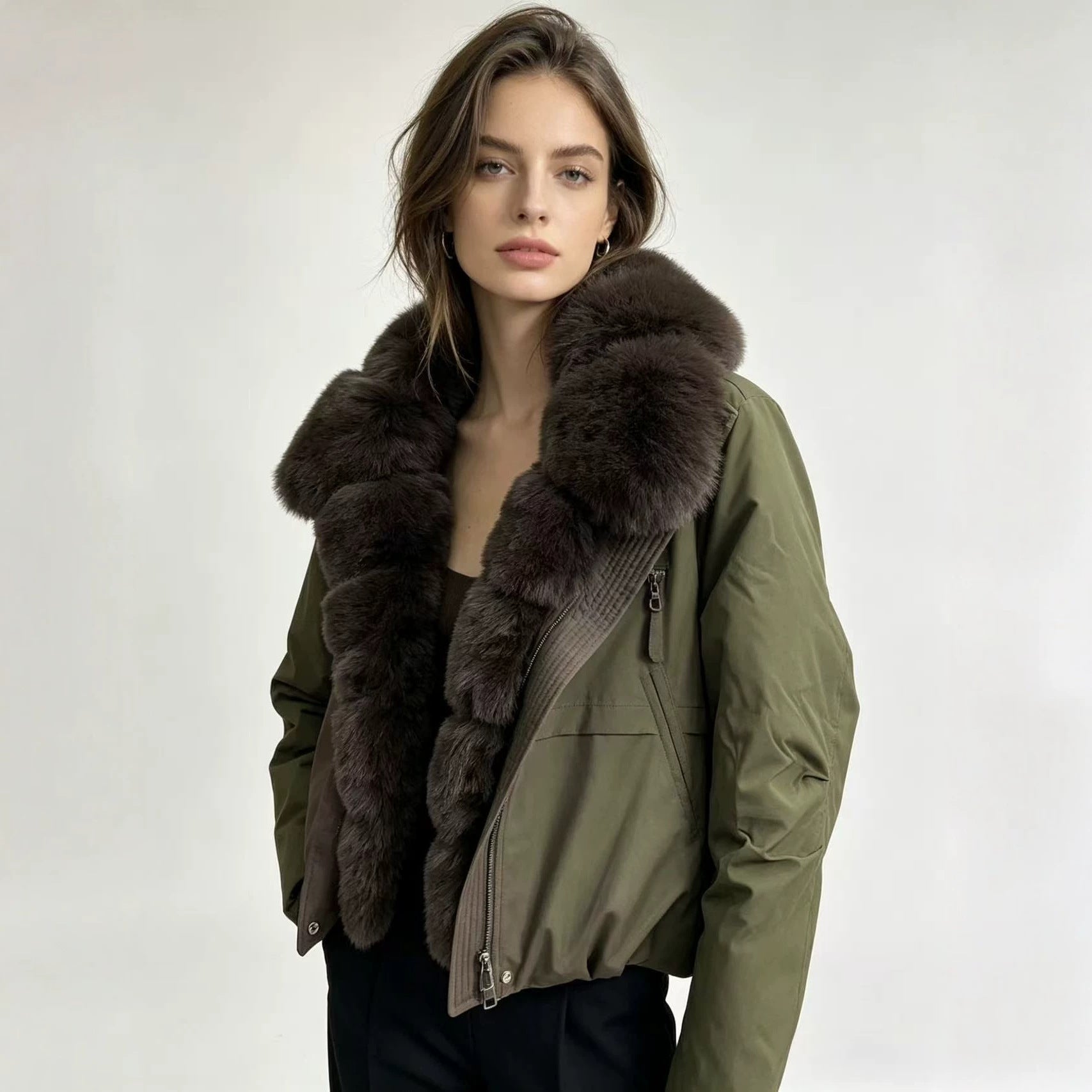 Women's tailored parka bomber jacket with voluminous faux fur collar and windproof outer shell Chichicherry