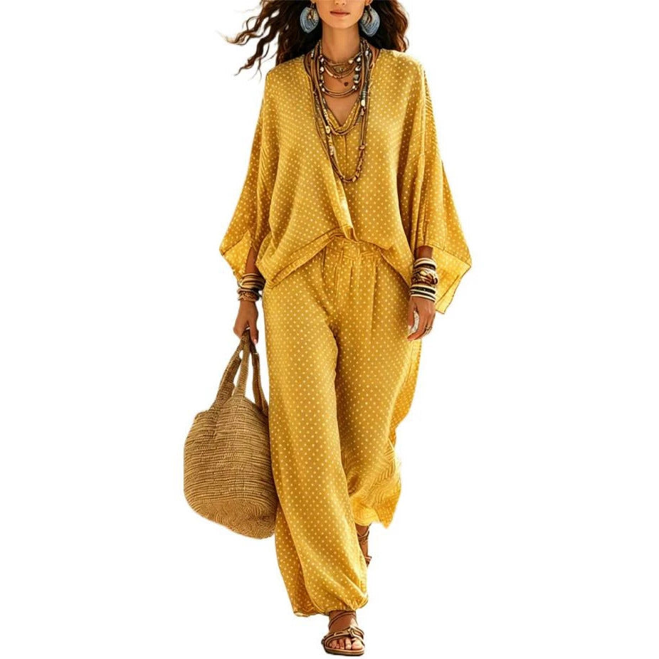 Women's linen look two-piece set with V tunic, batwing sleeves, and wide harem pants Chichicherry