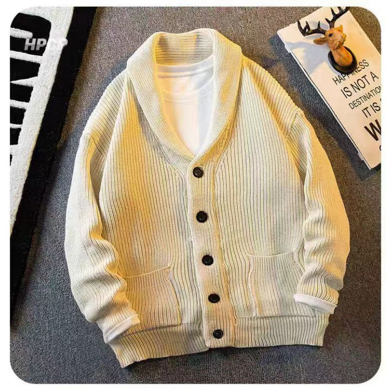 Herren Schalkragen-Cardigan aus grobem Rippstrick mit Taschen & Knopfleiste Chichicherry