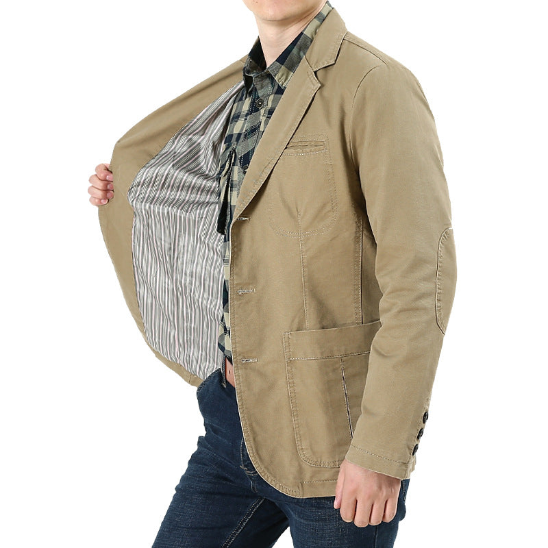 Men's Casual Linen Blazer in Worker Blouson Style with Shirt Collar, Flap Pockets and Striped Lining Chichicherry