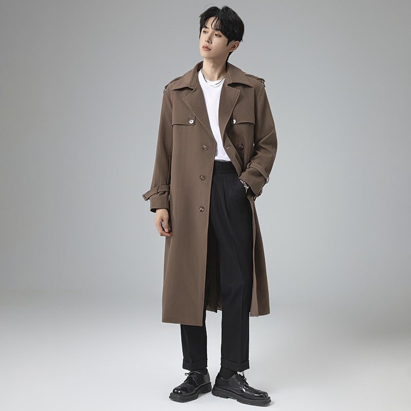 Men's Modern Maxi Long Double-Breasted Trench Coat with Classic Lapels and Adjustable Cuffs Chichicherry