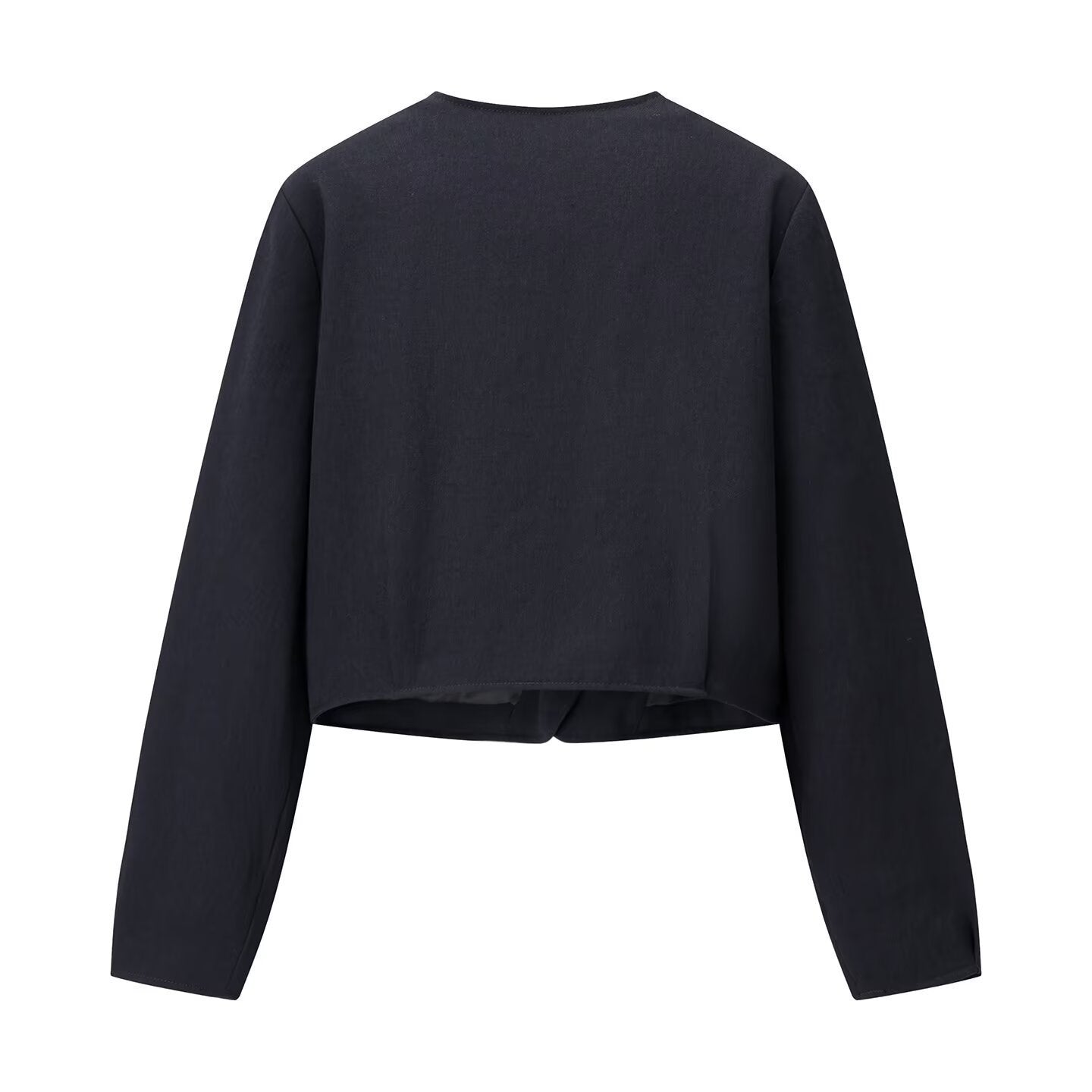 Women's short blazer without collar with round neckline, decorative button closure and piped pockets Chichicherry
