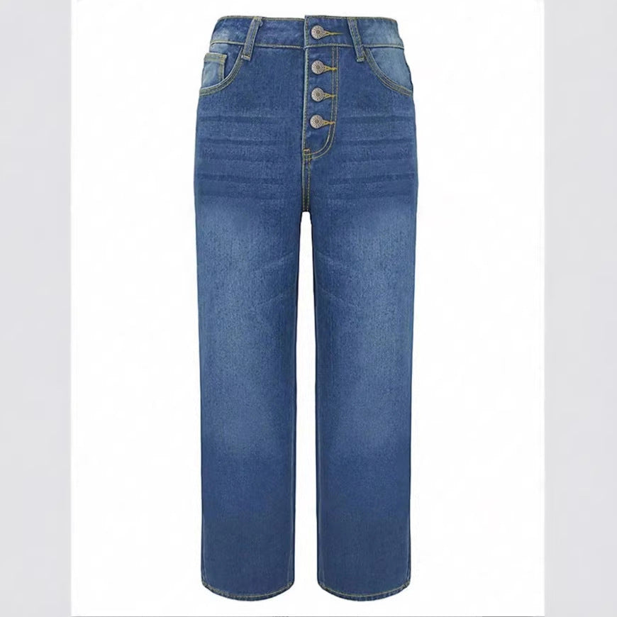 Women High-Waisted Cropped Jeans with Wide Straight-Leg Fit Chichicherry