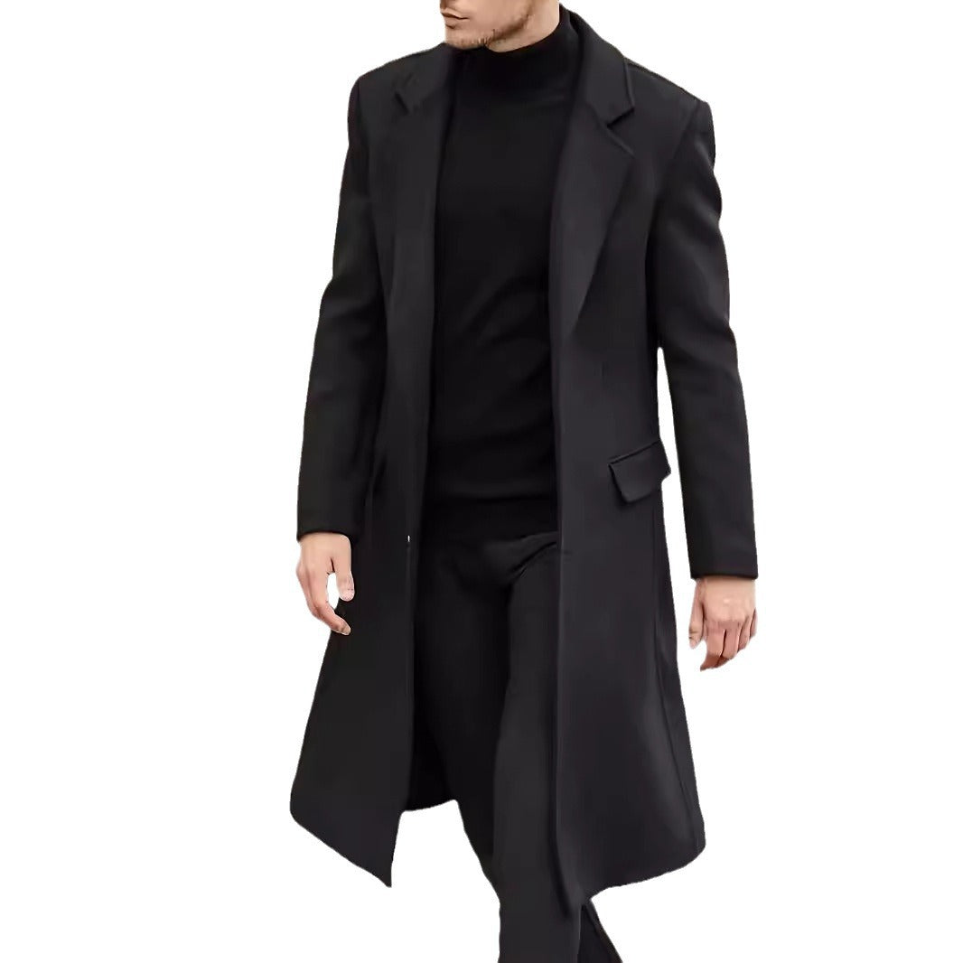 Men's Elegant Long Wool Blend Coat with Slim Silhouette and Classic Lapel Chichicherry