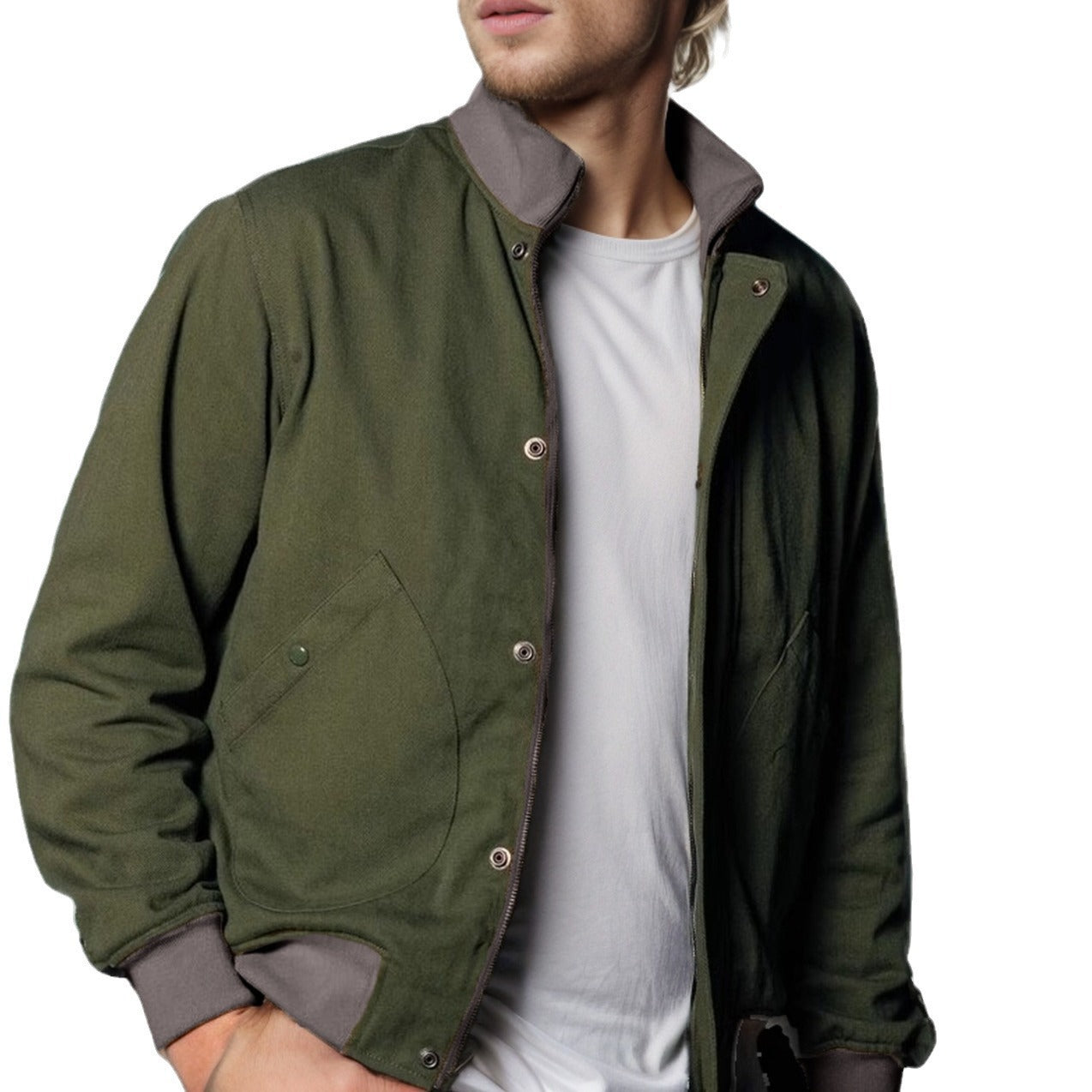 Men's short jacket in urban outdoor style with stand-up collar, snap button placket, and ribbed cuffs Chichicherry