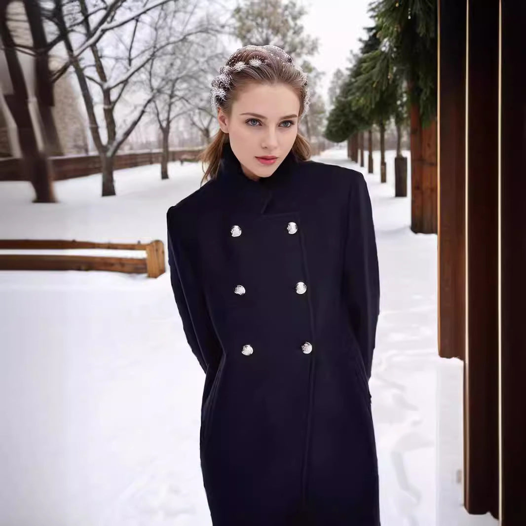 Women's Double-Breasted Coat with Stand-Up Collar and Decorative Buttons Chichicherry
