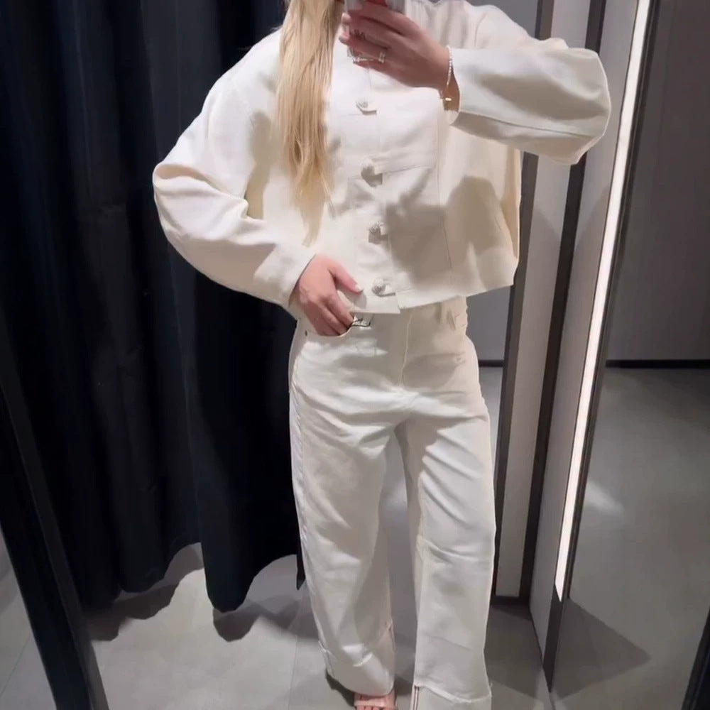Women's Short Boxy Jacket with Mandarin Collar and Decorative Knot Button Placket Chichicherry
