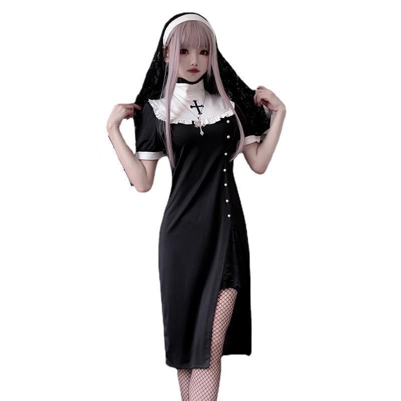 Women Gothic Nun Costume with Transparent Lace Sleeves and Cross Details Chichicherry
