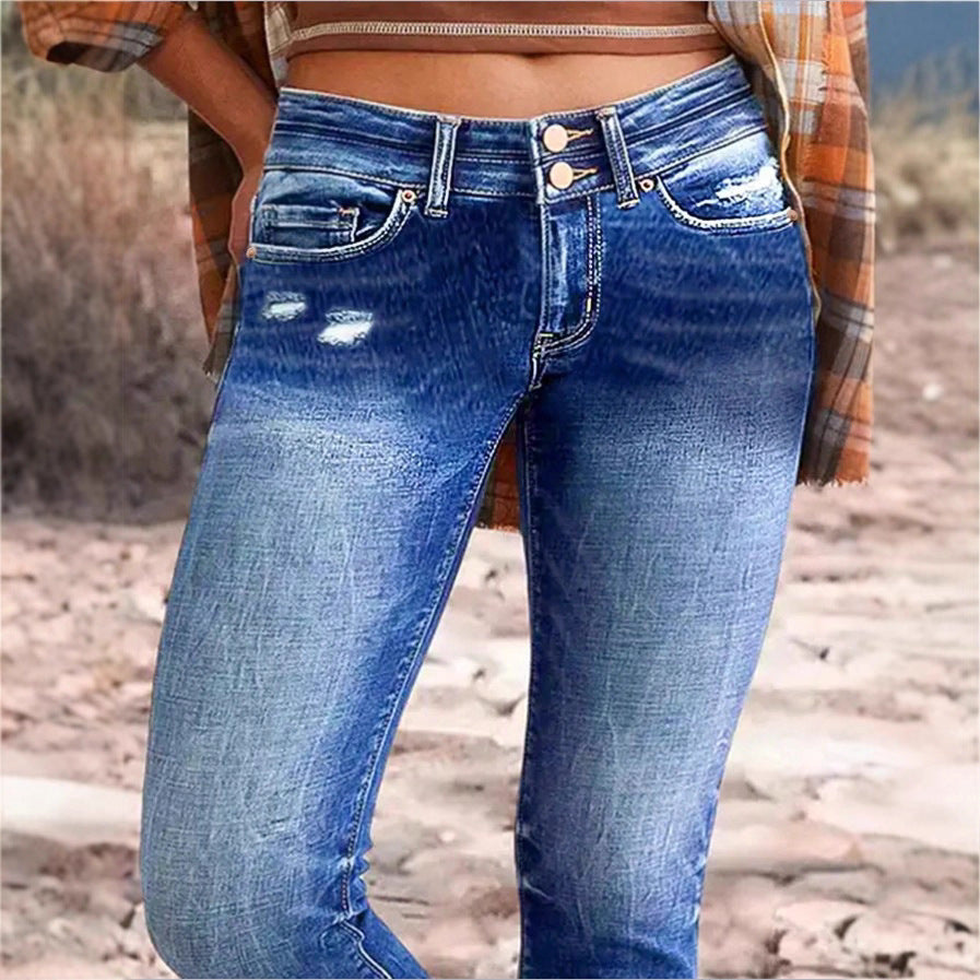 Women's high-waisted Slim-Cropped Jeans with raw hem, Used-Wash and elastic comfort waistband Chichicherry