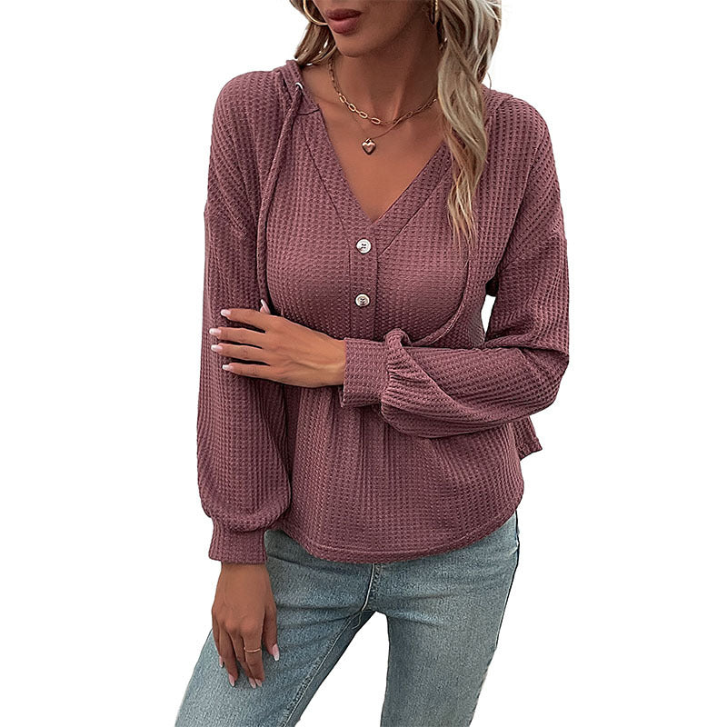 Women's Waffle Knit Hoodie Blouse with V-Neck, Button Placket and Gathered Waist Band
